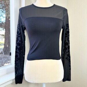 Athleta Velvet Rose Limited Edition Top XXS Black Mesh Long Sleeve Cropped Chic